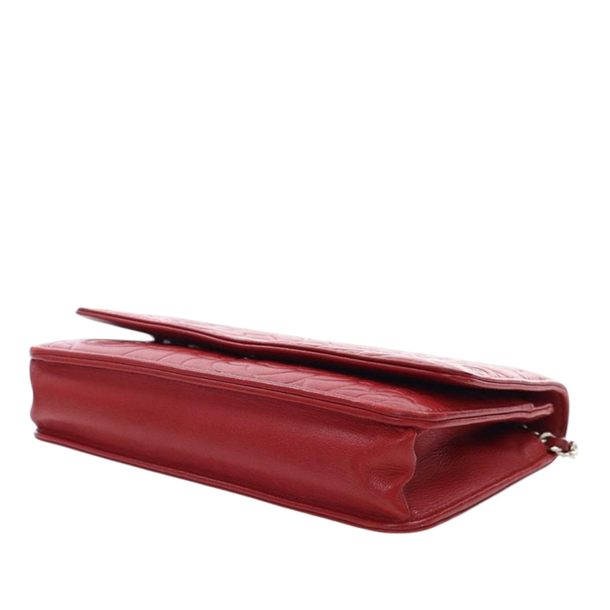 Chanel CC Embossed Lambskin Camellia Wallet on Chain - Red
