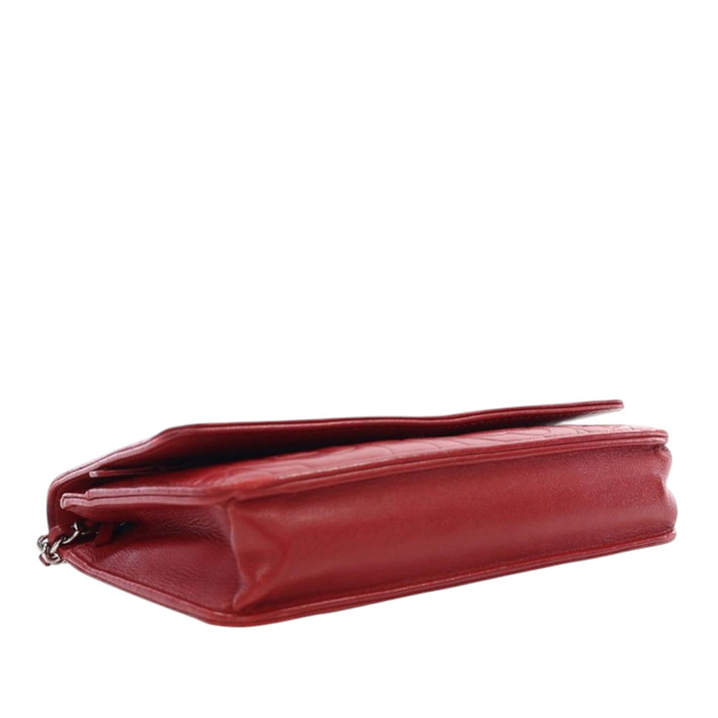 Chanel CC Embossed Lambskin Camellia Wallet on Chain - Red