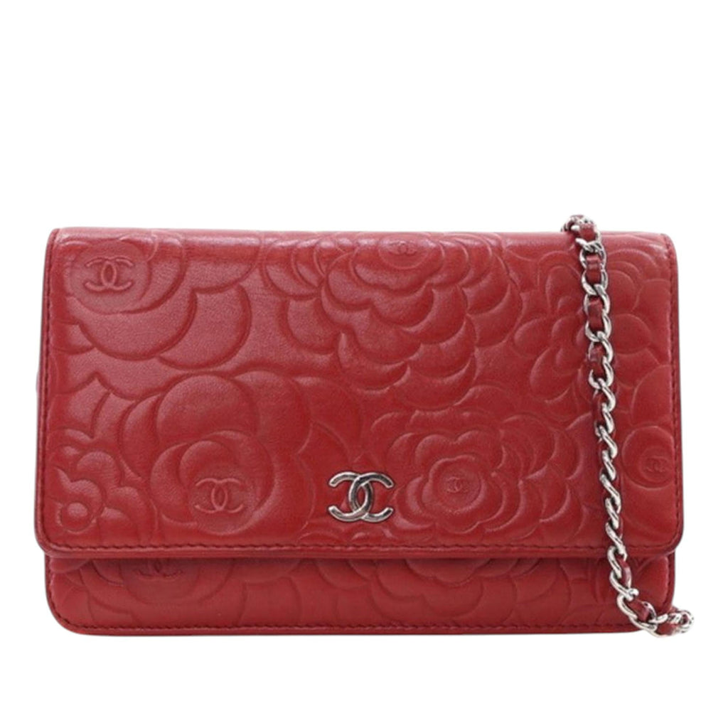 Chanel CC Embossed Lambskin Camellia Wallet on Chain - Red