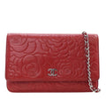Chanel CC Embossed Lambskin Camellia Wallet on Chain - Red