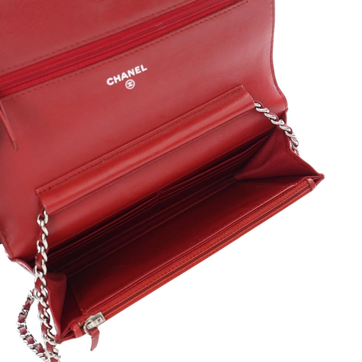 Chanel CC Embossed Lambskin Camellia Wallet on Chain - Red