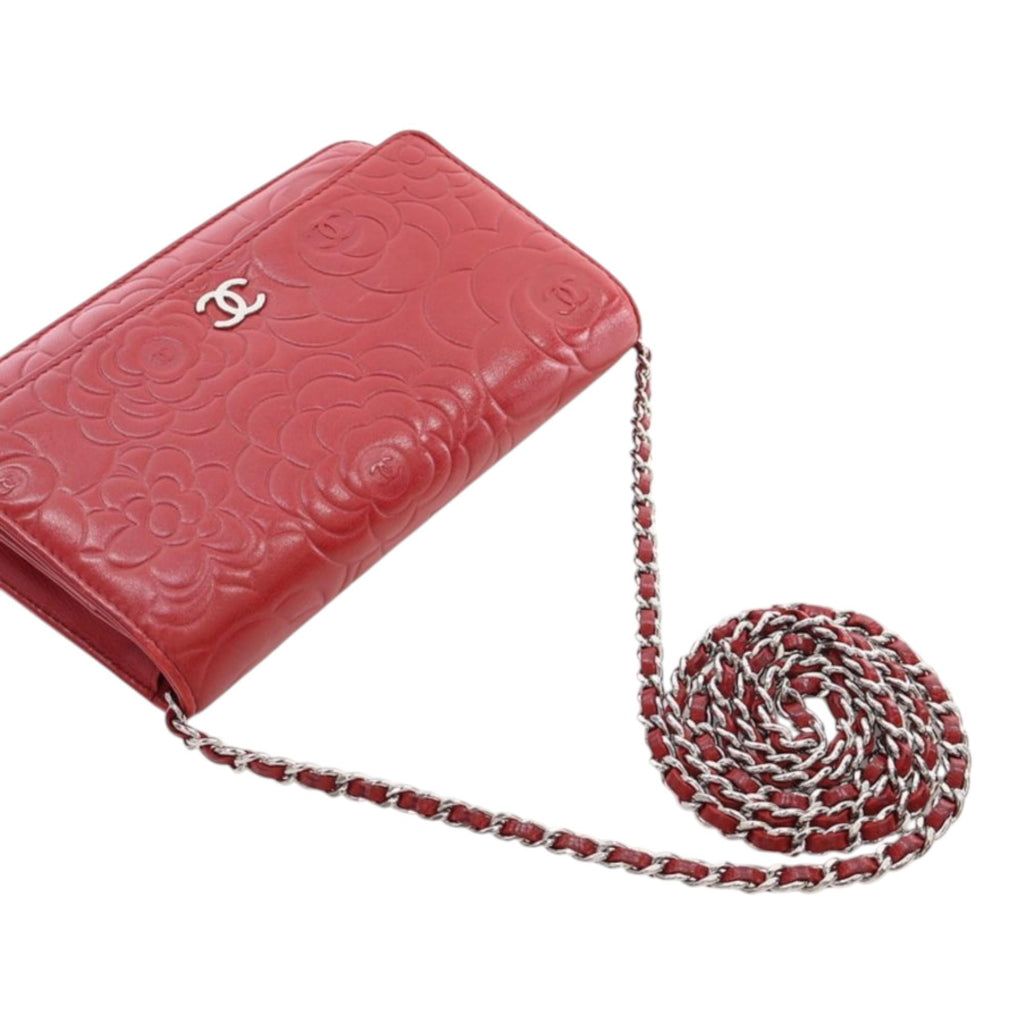 Chanel CC Embossed Lambskin Camellia Wallet on Chain - Red