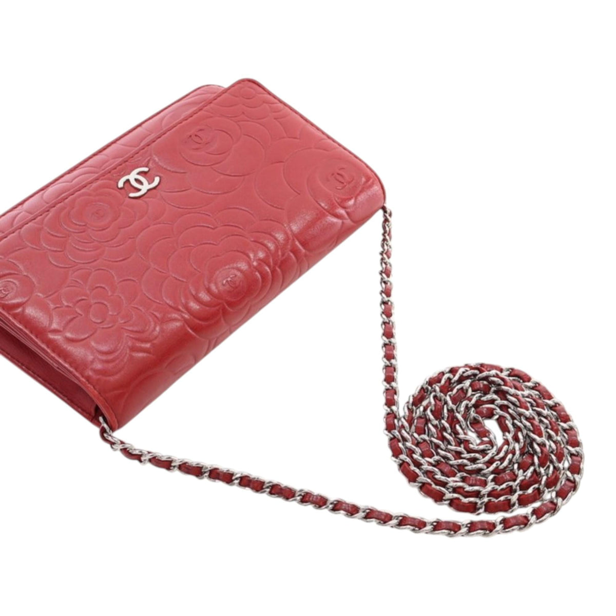 Chanel CC Embossed Lambskin Camellia Wallet on Chain - Red
