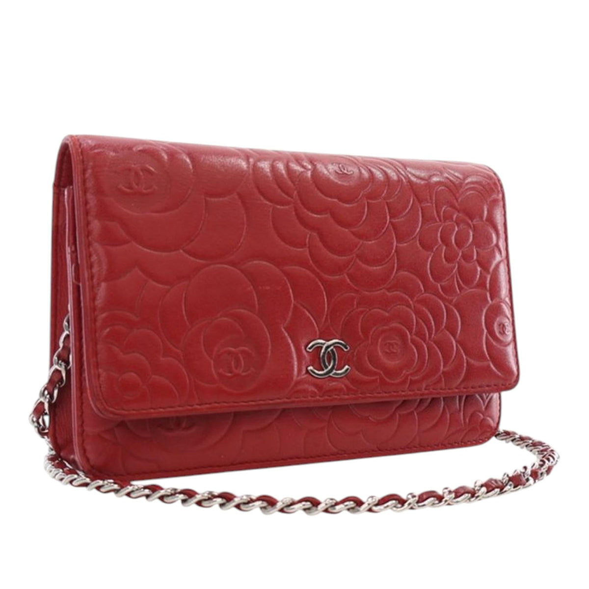Chanel CC Embossed Lambskin Camellia Wallet on Chain - Red