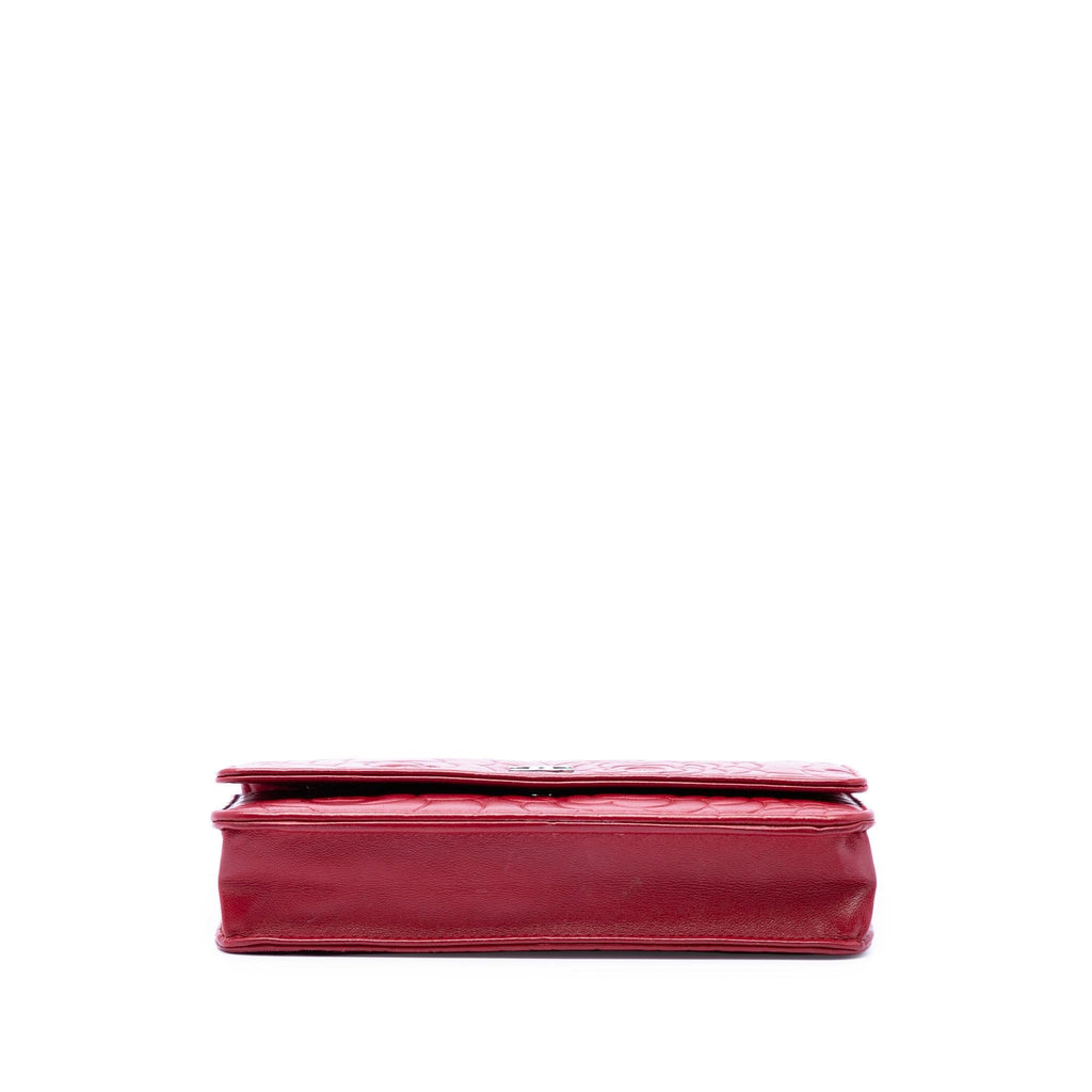 Chanel CC Embossed Lambskin Camellia Wallet on Chain - Red