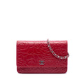 Chanel CC Embossed Lambskin Camellia Wallet on Chain - Red