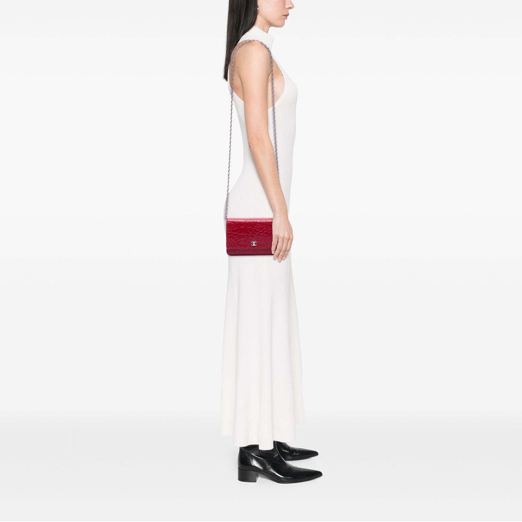 Chanel CC Embossed Lambskin Camellia Wallet on Chain - Red