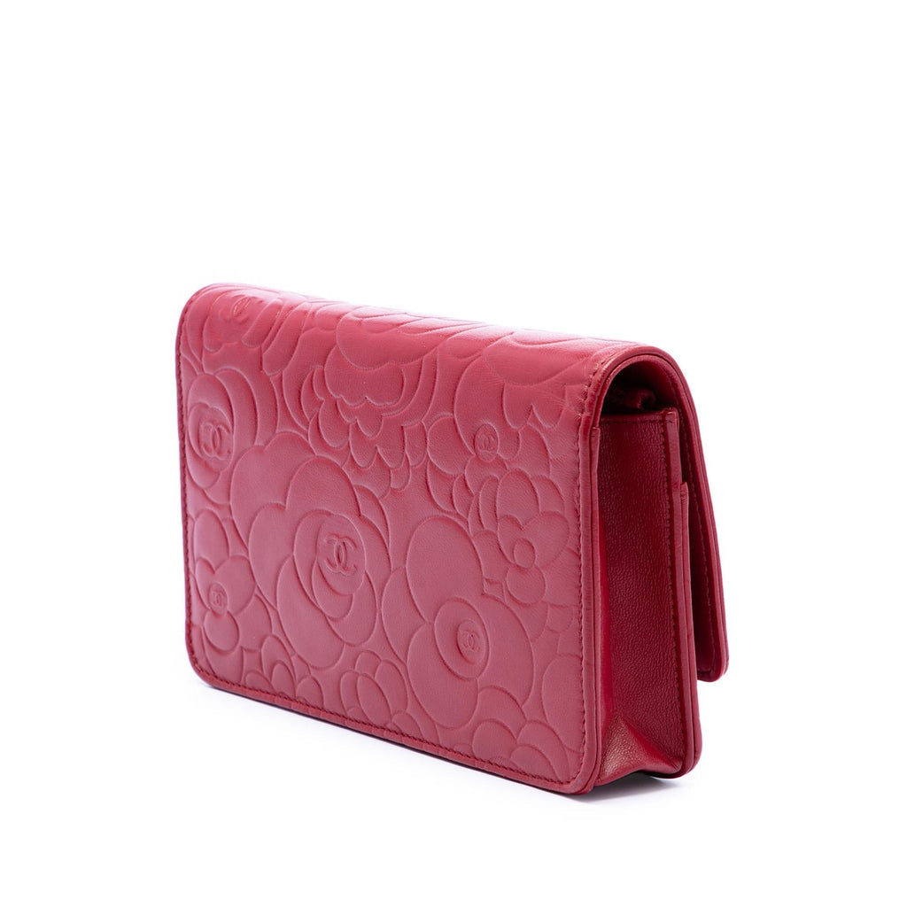 Chanel CC Embossed Lambskin Camellia Wallet on Chain - Red