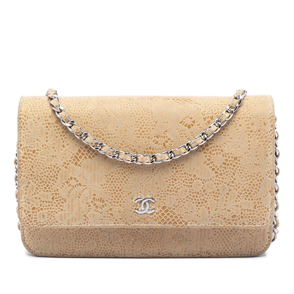 Chanel CC Lace Overlay Goatskin Wallet on Chain - Beige