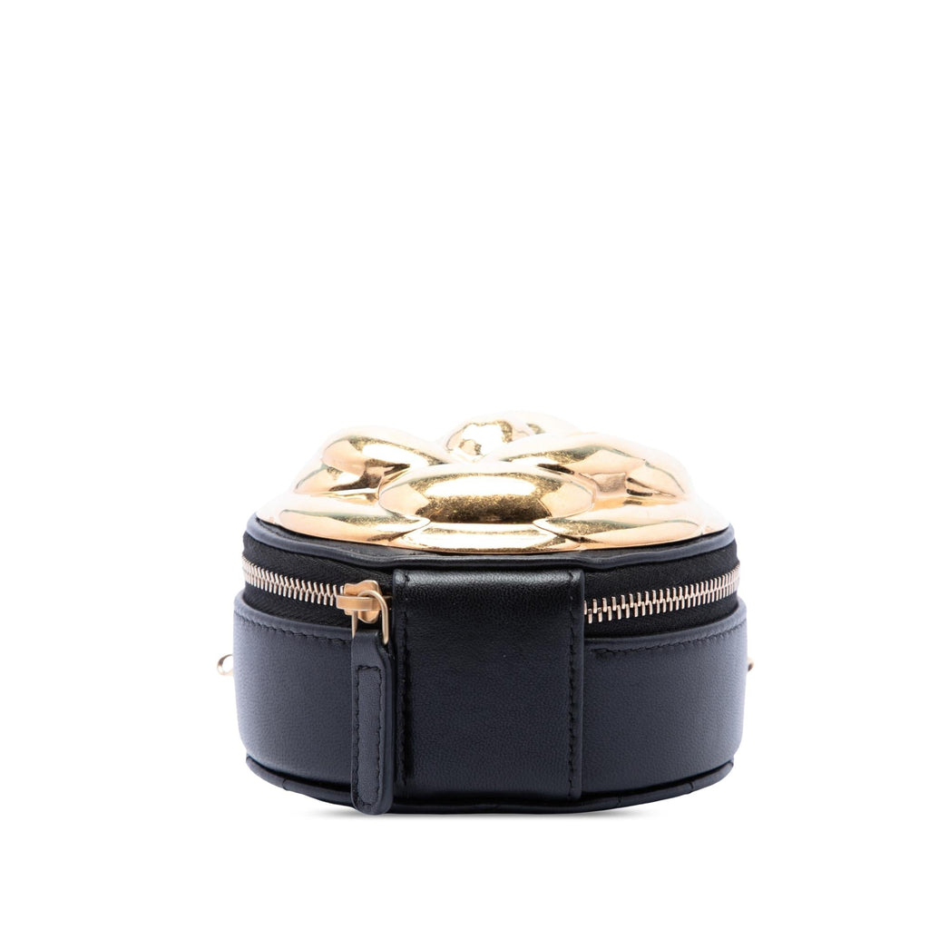 Chanel CC Lambskin and Metal Camellia Round Clutch with Chain - Black