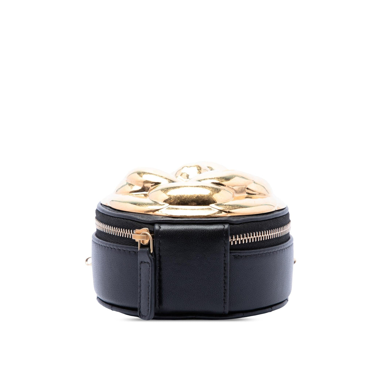 Chanel CC Lambskin and Metal Camellia Round Clutch with Chain - Black