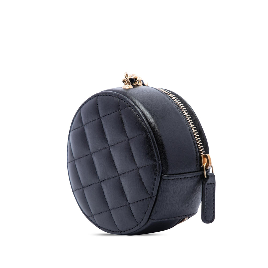 Chanel CC Lambskin and Metal Camellia Round Clutch with Chain - Black