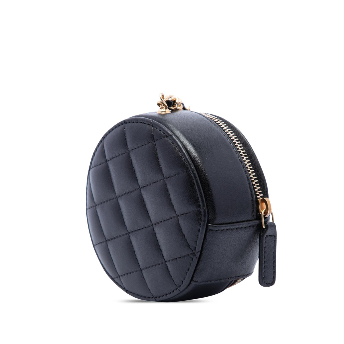 Chanel CC Lambskin and Metal Camellia Round Clutch with Chain - Black