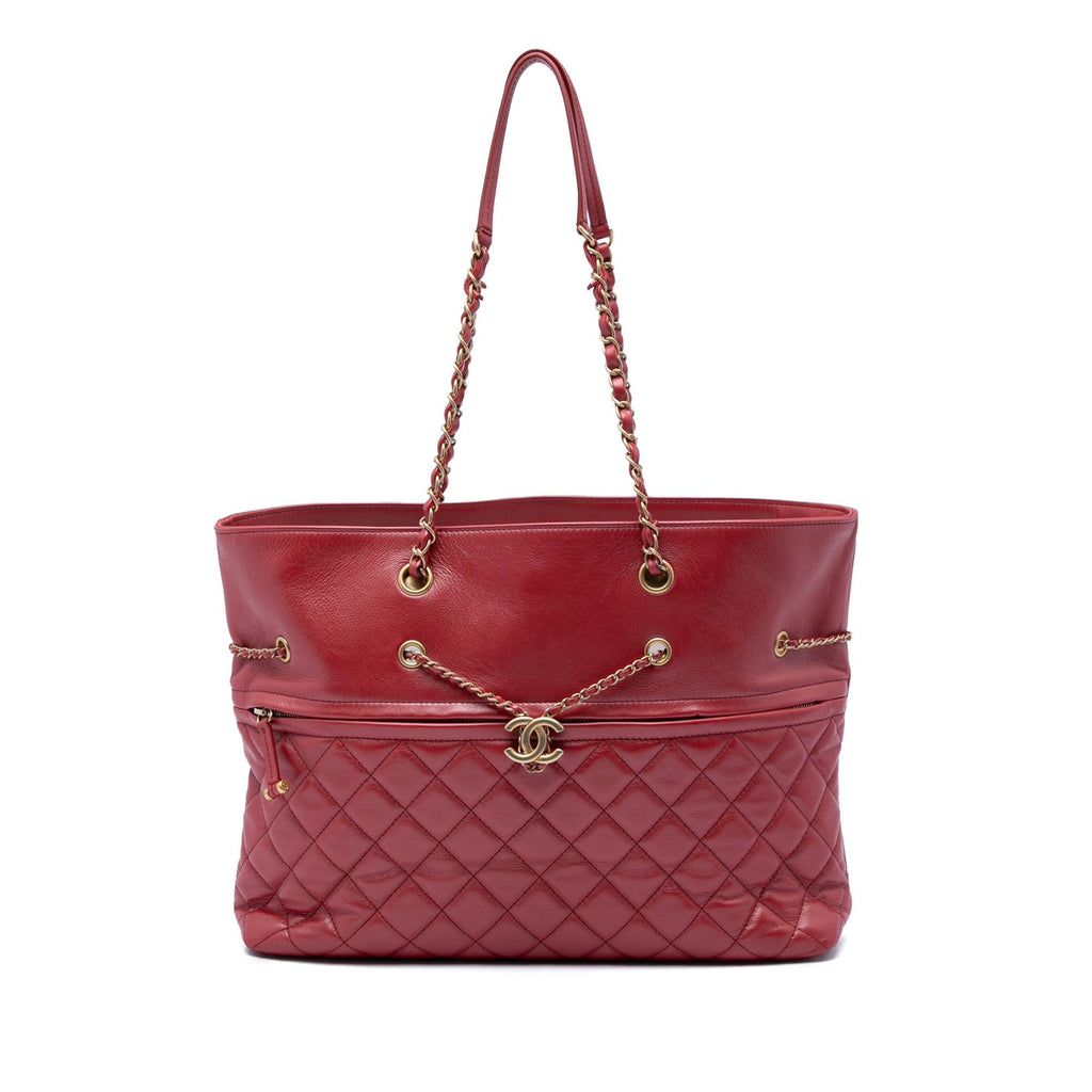 Chanel CC Quilted Calfskin Front Zip Drawstring Chain Tote Bag - Red