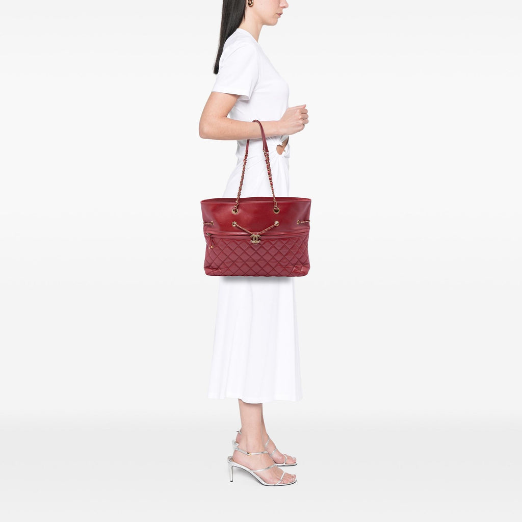 Chanel CC Quilted Calfskin Front Zip Drawstring Chain Tote Bag - Red