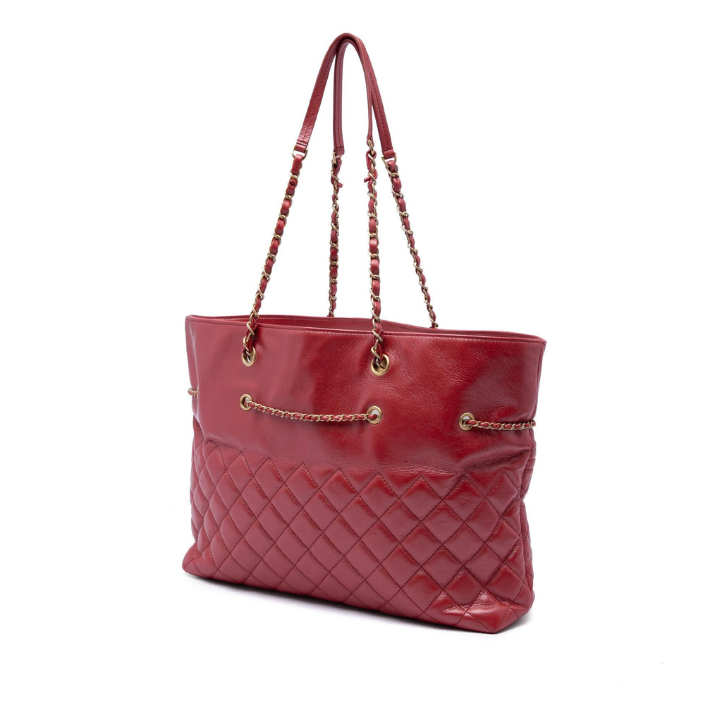Chanel CC Quilted Calfskin Front Zip Drawstring Chain Tote Bag - Red