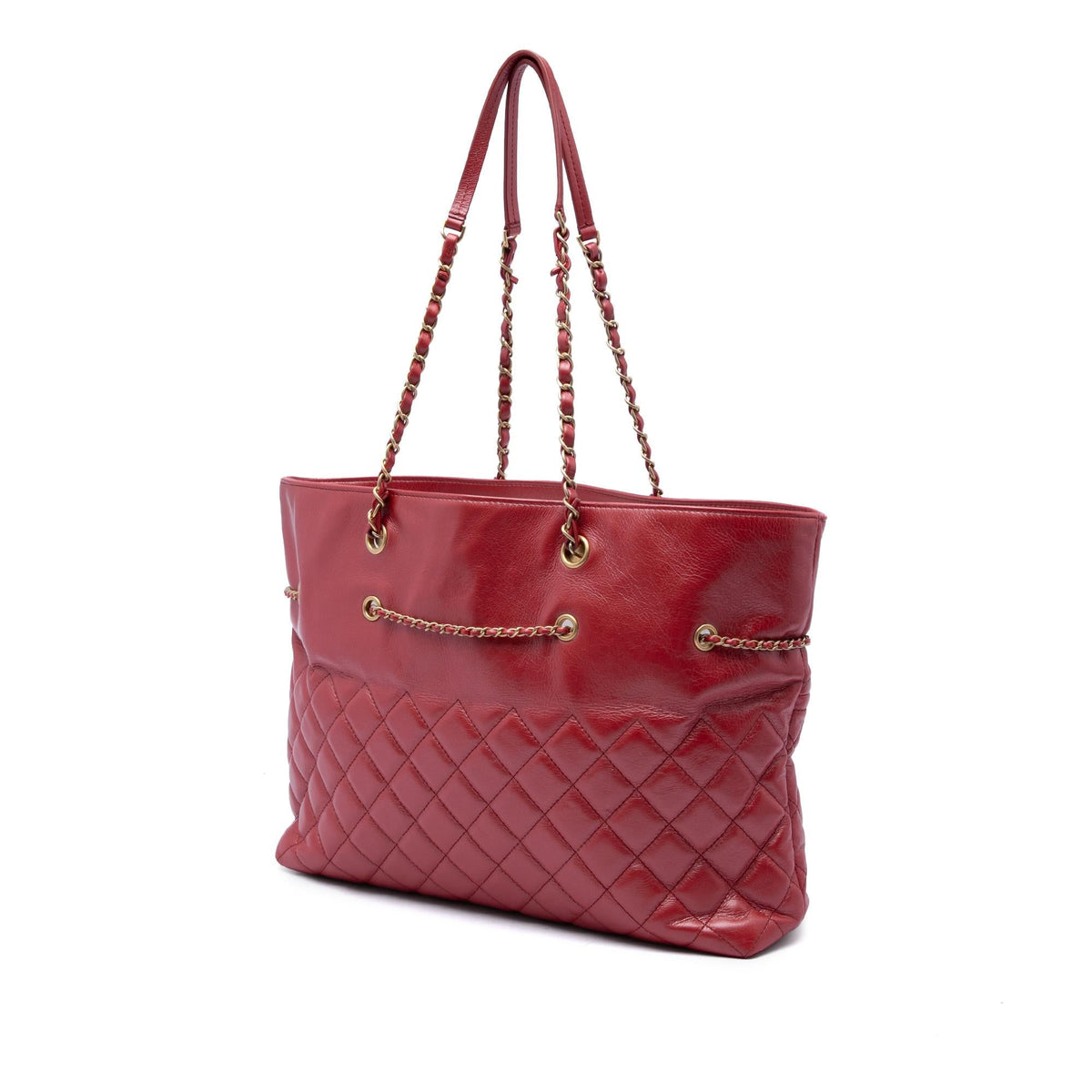 Chanel CC Quilted Calfskin Front Zip Drawstring Chain Tote Bag - Red