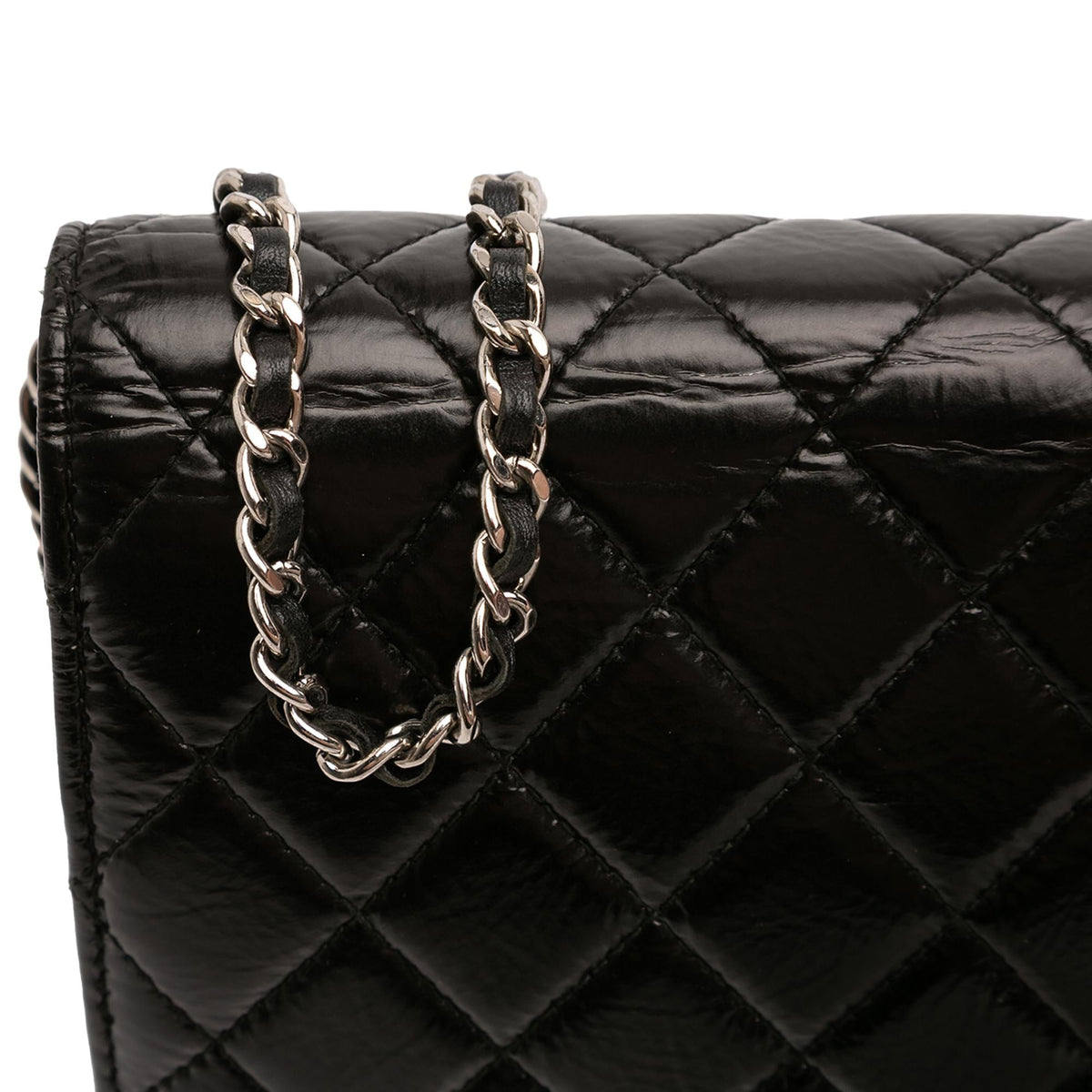 Chanel CC Quilted Crinkled Patent Wallet on Chain - Black