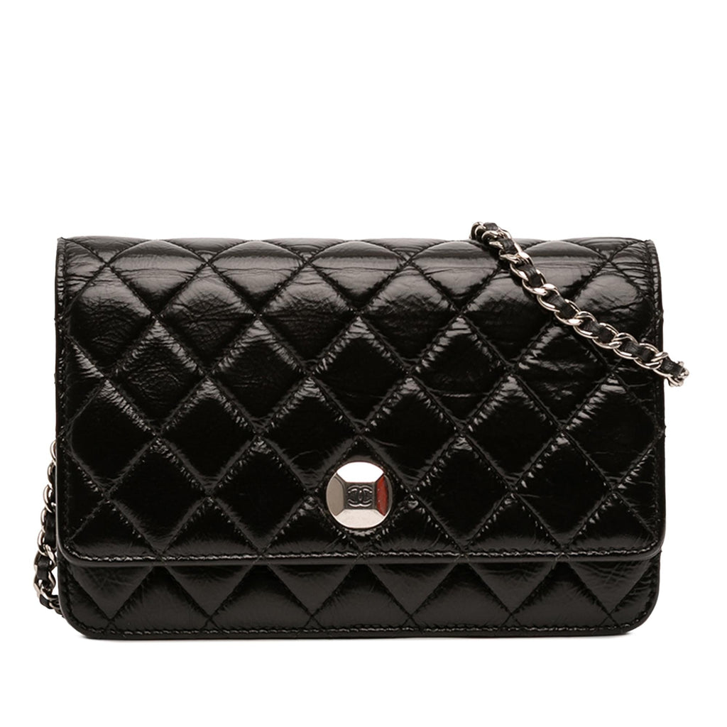 Chanel CC Quilted Crinkled Patent Wallet on Chain - Black