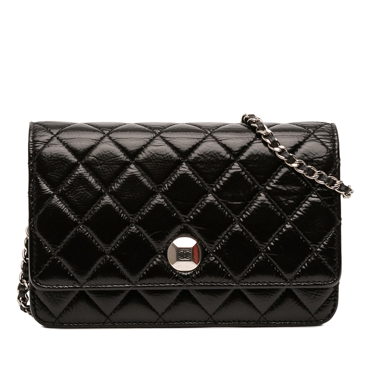 Chanel CC Quilted Crinkled Patent Wallet on Chain - Black