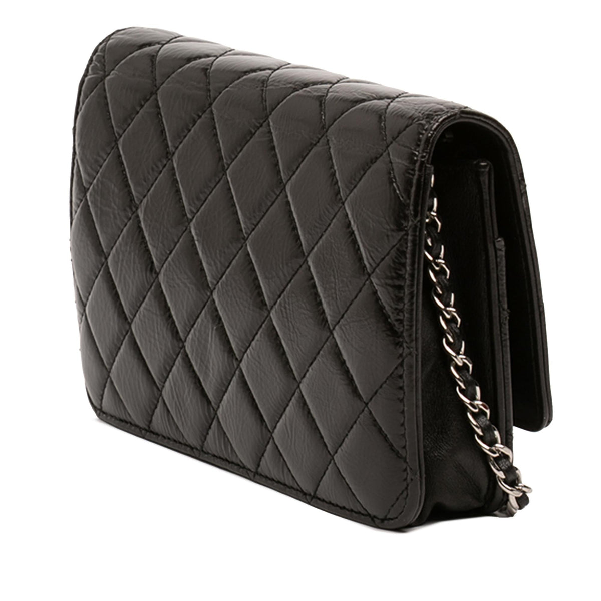 Chanel CC Quilted Crinkled Patent Wallet on Chain - Black