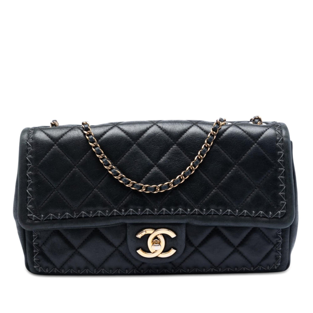 Chanel CC Quilted Iridescent Calfskin Whipstitch Single Flap Shoulder Bag - Black