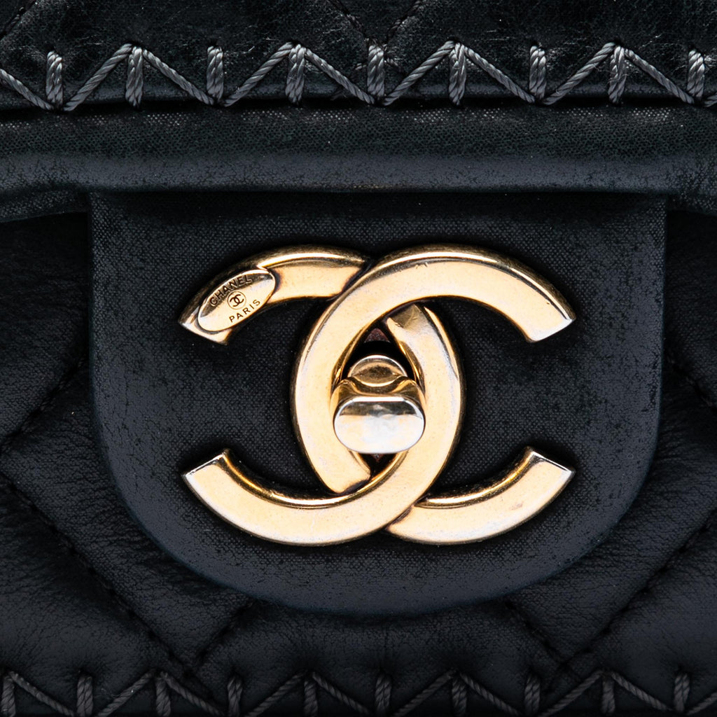 Chanel CC Quilted Iridescent Calfskin Whipstitch Single Flap Shoulder Bag - Black