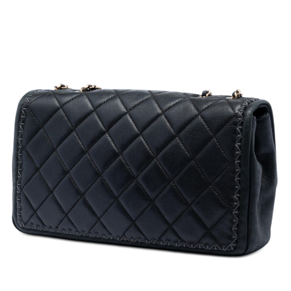 Chanel CC Quilted Iridescent Calfskin Whipstitch Single Flap Shoulder Bag - Black