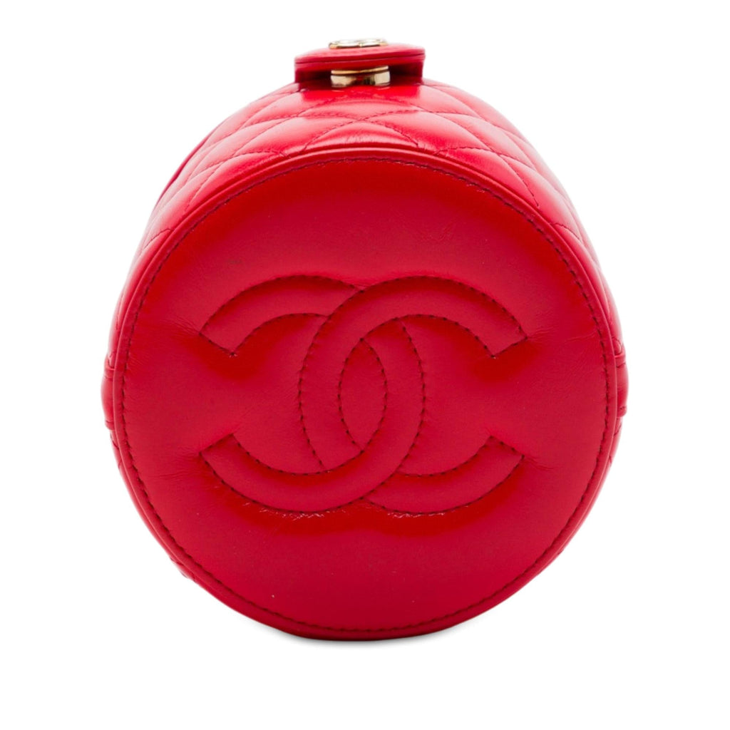Chanel CC Quilted Lambskin Top Handle Round Vanity Case with Chain Satchel - Red