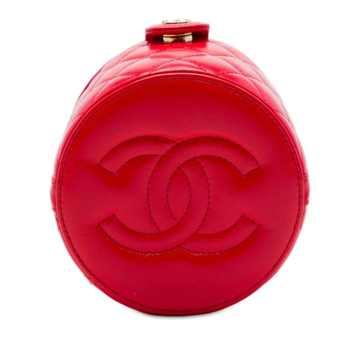 Chanel CC Quilted Lambskin Top Handle Round Vanity Case with Chain Satchel - Red