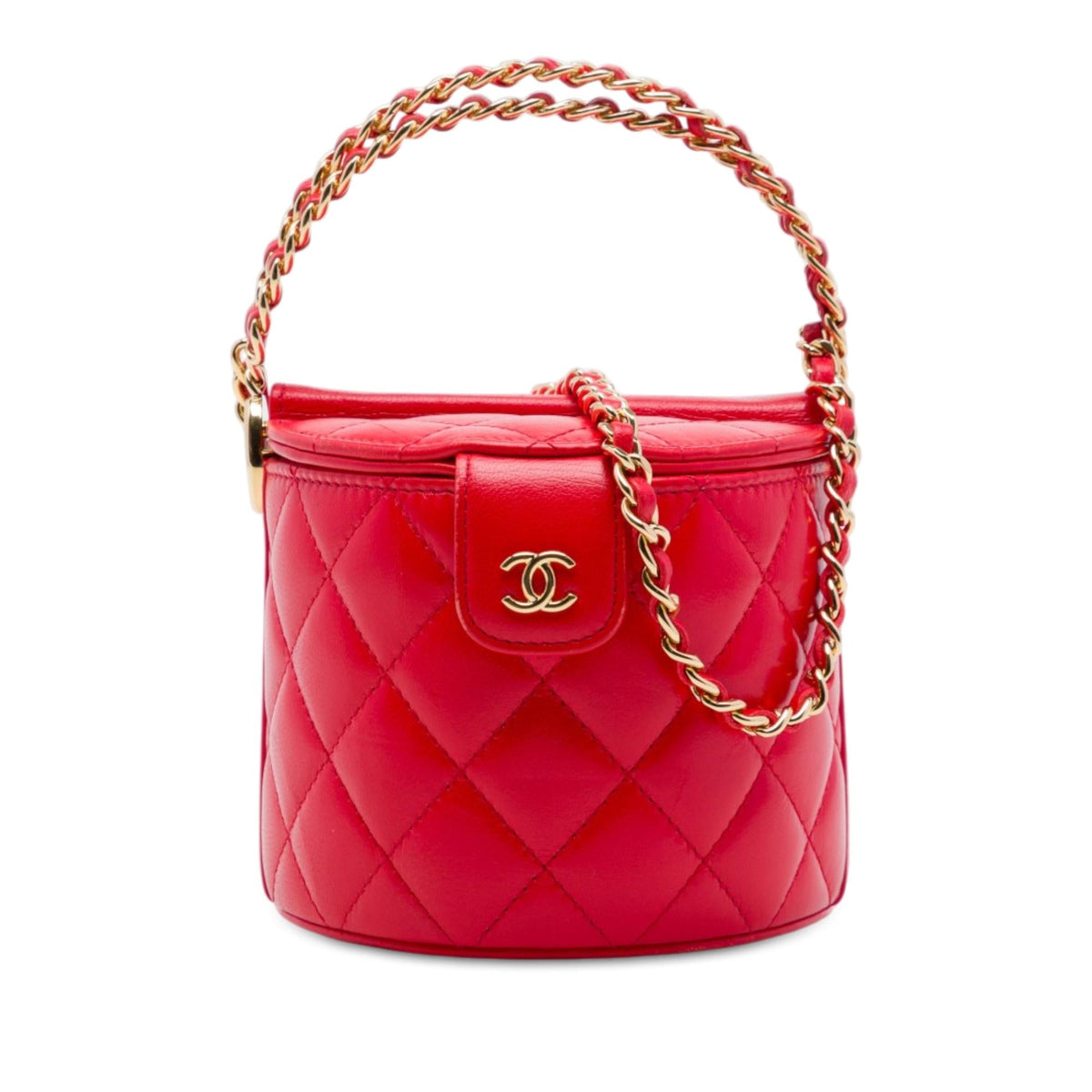Chanel CC Quilted Lambskin Top Handle Round Vanity Case with Chain Satchel - Red