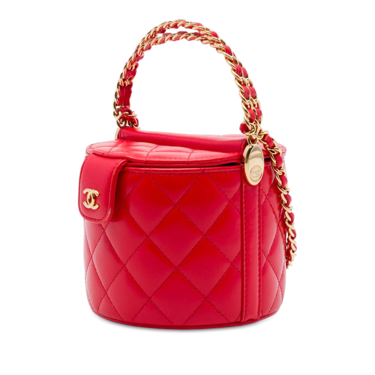Chanel CC Quilted Lambskin Top Handle Round Vanity Case with Chain Satchel - Red