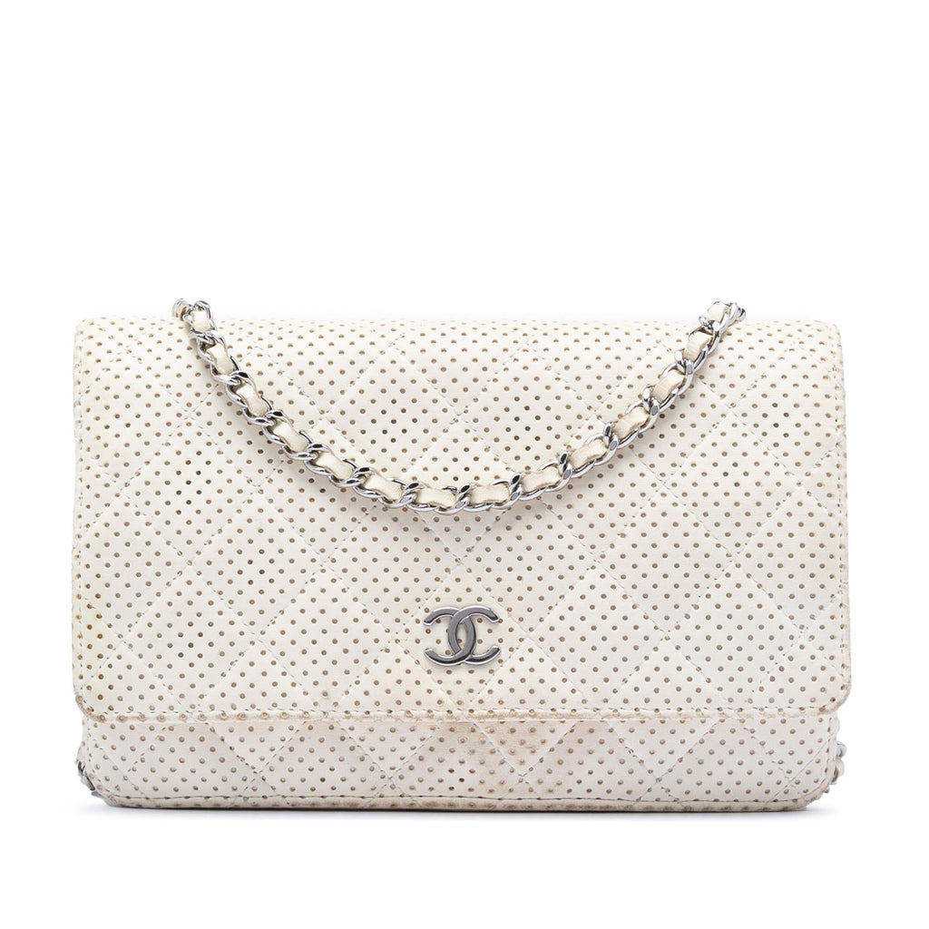 Chanel CC Quilted Perforated Lambskin Wallet on Chain - White
