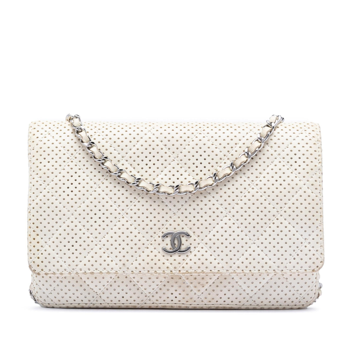 Chanel CC Quilted Perforated Lambskin Wallet on Chain - White