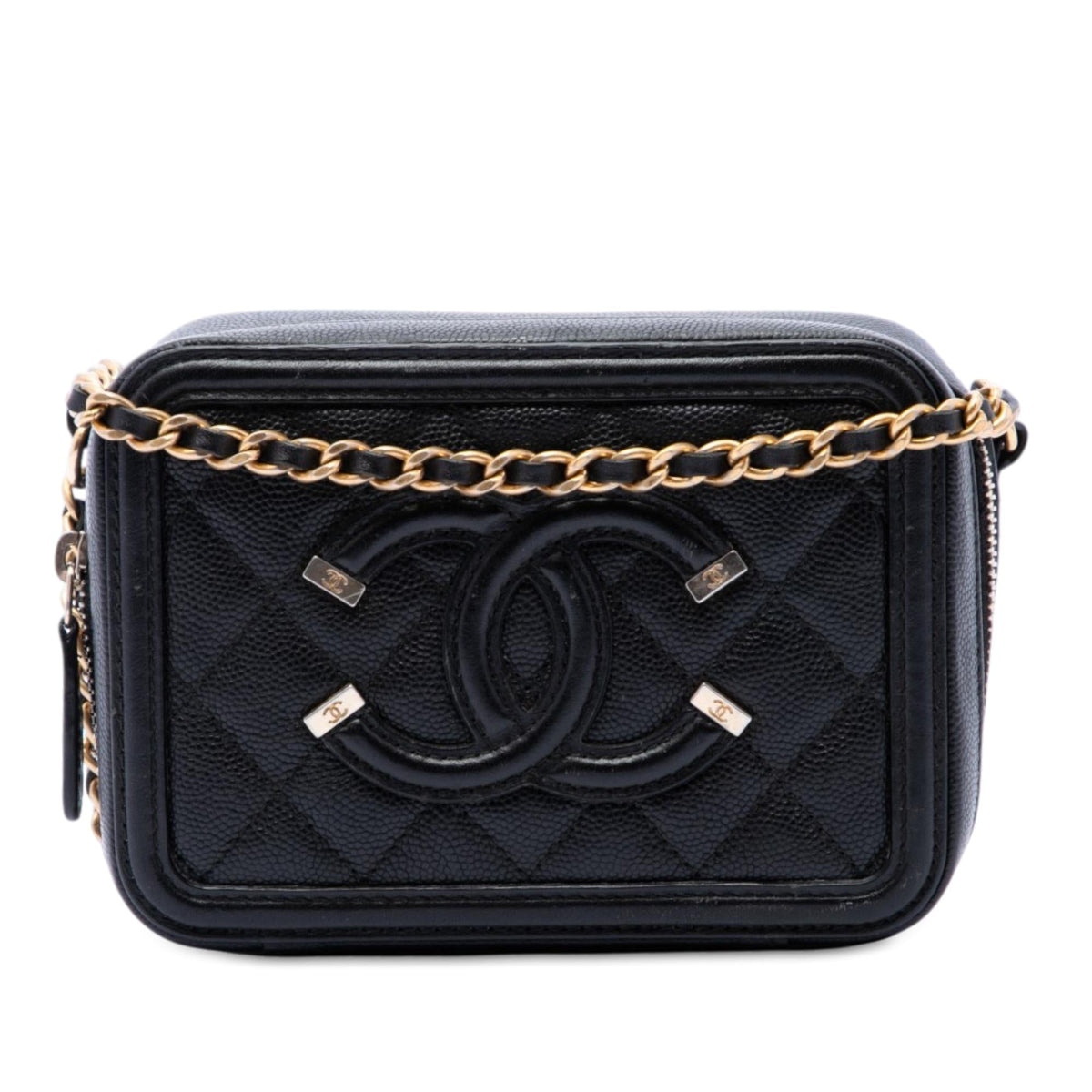 Chanel Caviar CC Filigree Vanity Clutch with Chain - Black