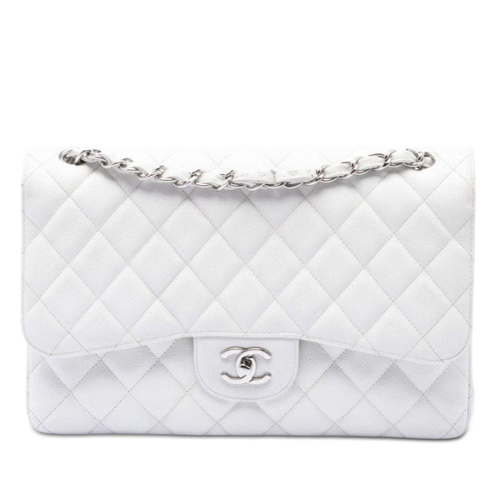 Chanel Jumbo Classic Caviar Double Flap Shoulder Bag - White