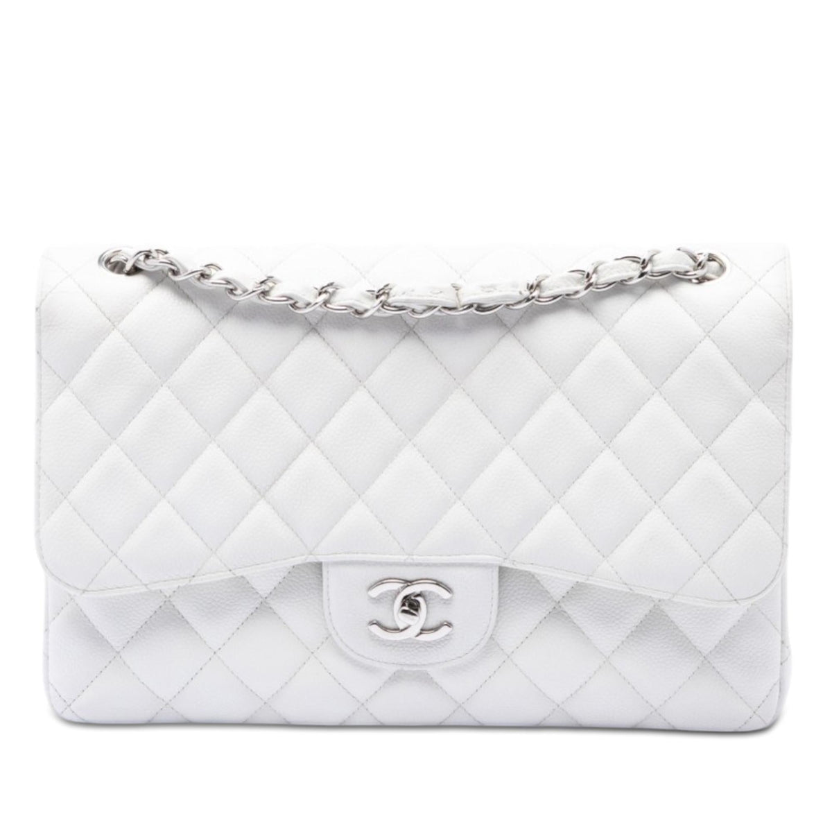 Chanel Jumbo Classic Caviar Double Flap Shoulder Bag - White