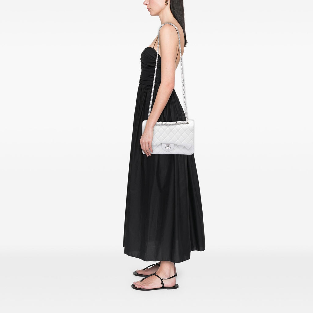 Chanel Jumbo Classic Caviar Double Flap Shoulder Bag - White
