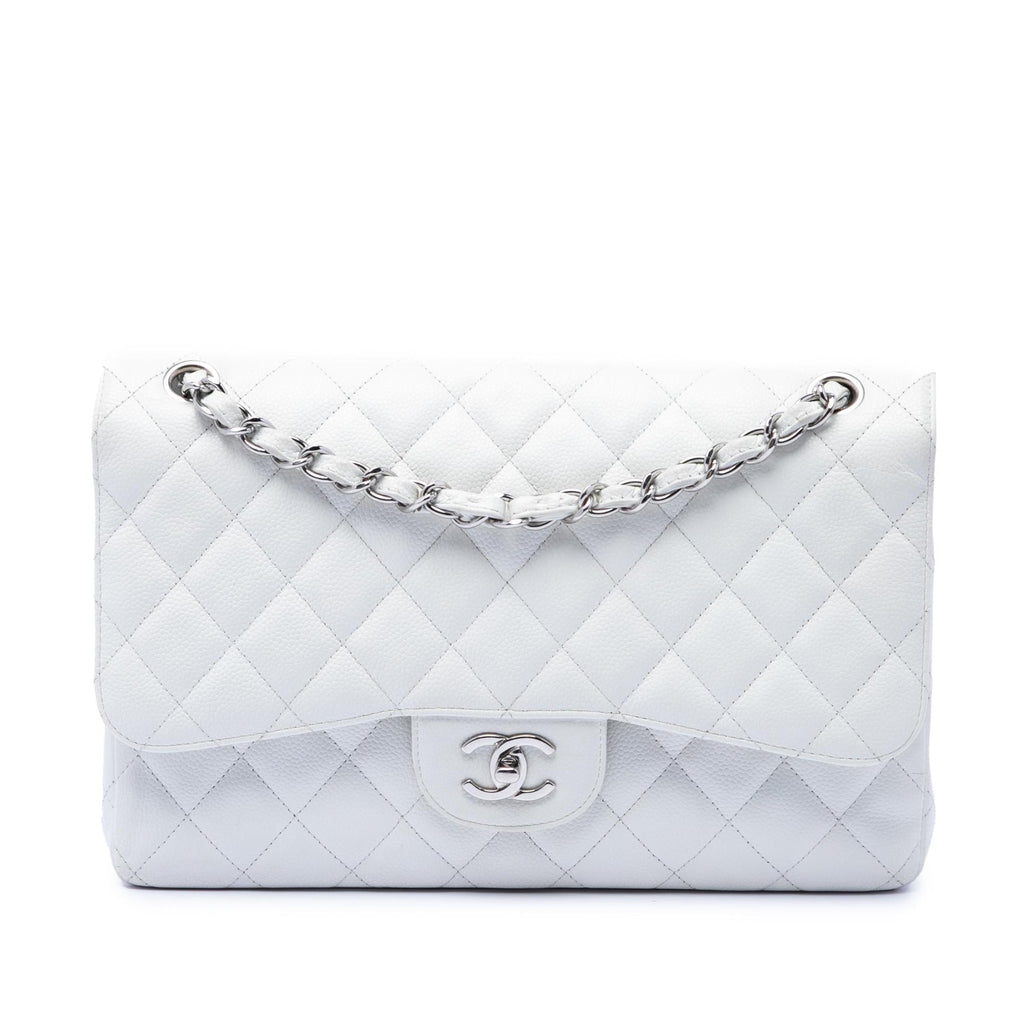 Chanel Jumbo Classic Caviar Double Flap Shoulder Bag - White