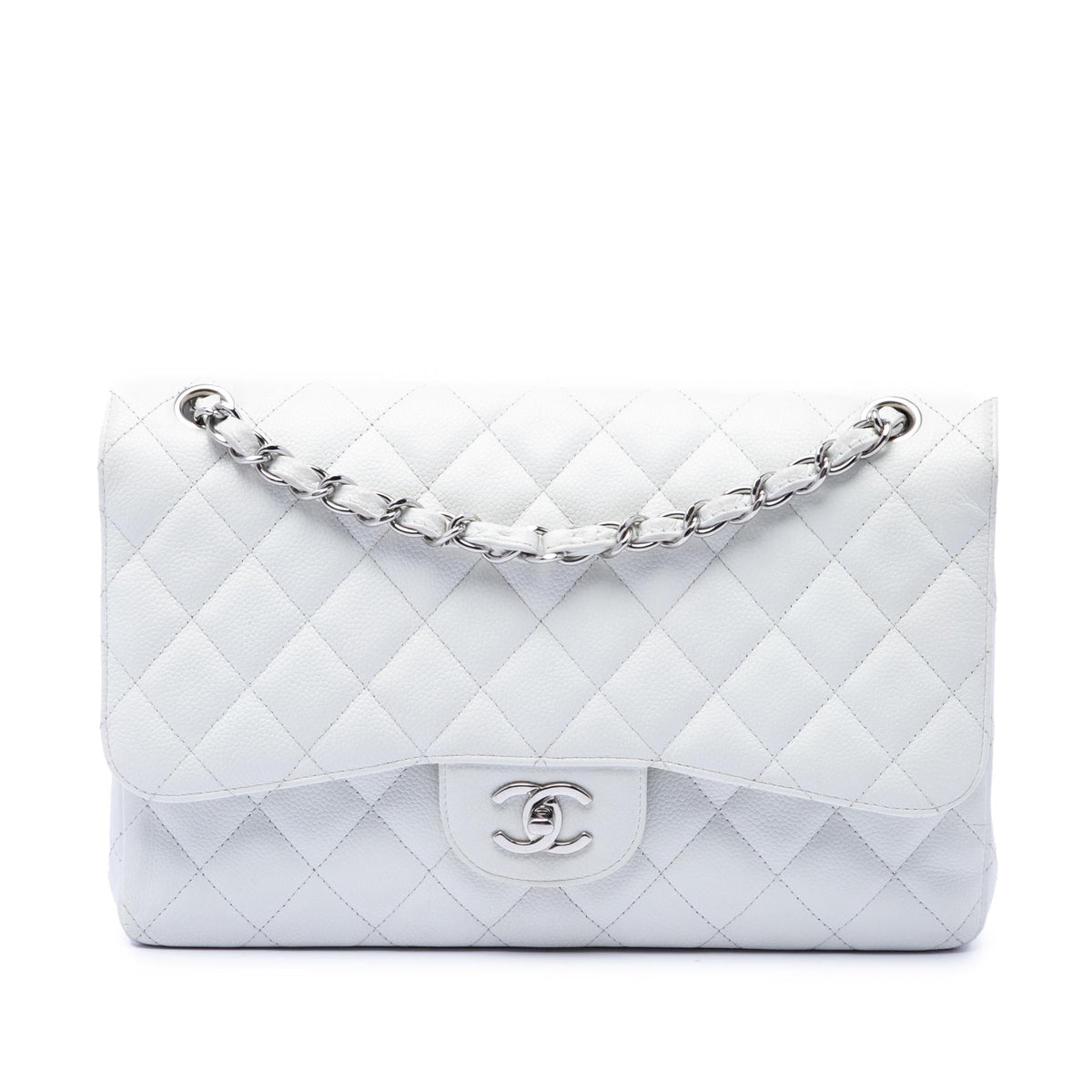 Chanel Jumbo Classic Caviar Double Flap Shoulder Bag - White