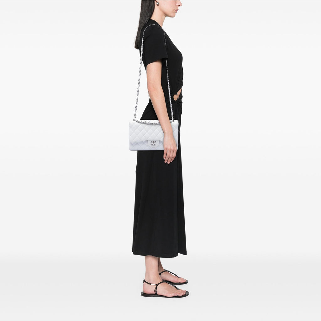 Chanel Jumbo Classic Caviar Double Flap Shoulder Bag - White