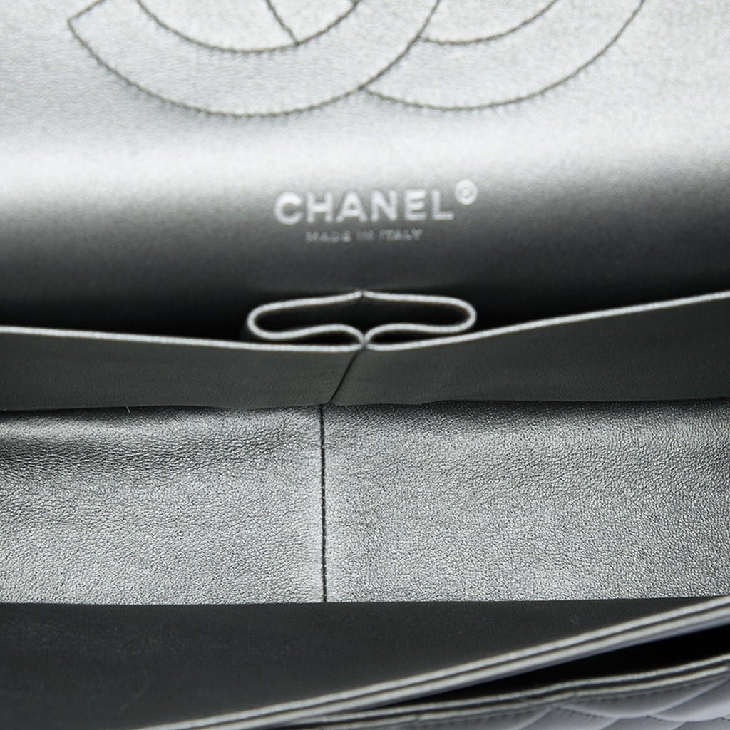 Chanel Jumbo Classic Metallic Lambskin Double Flap Shoulder Bag - Grey