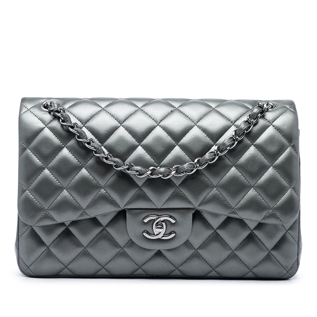 Chanel Jumbo Classic Metallic Lambskin Double Flap Shoulder Bag - Grey