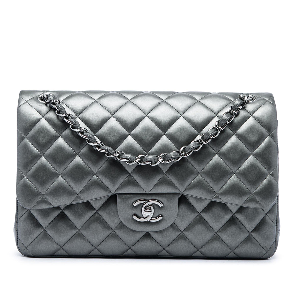 Chanel Jumbo Classic Metallic Lambskin Double Flap Shoulder Bag - Grey