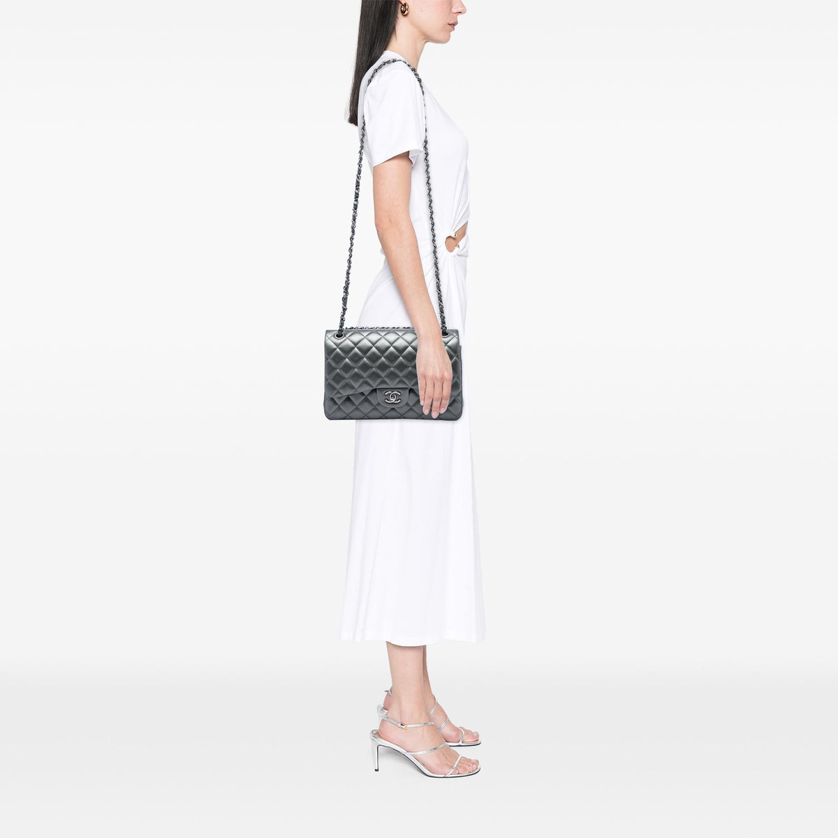 Chanel Jumbo Classic Metallic Lambskin Double Flap Shoulder Bag - Grey