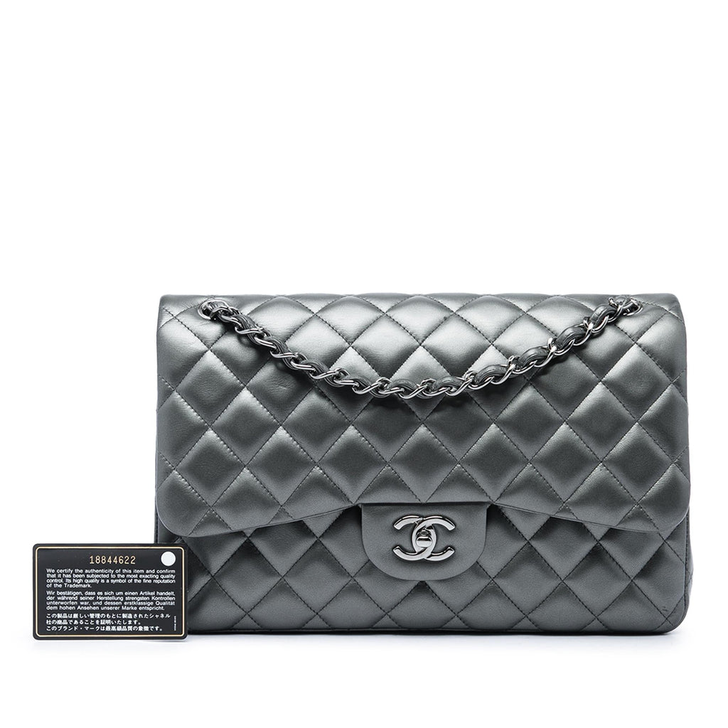 Chanel Jumbo Classic Metallic Lambskin Double Flap Shoulder Bag - Grey