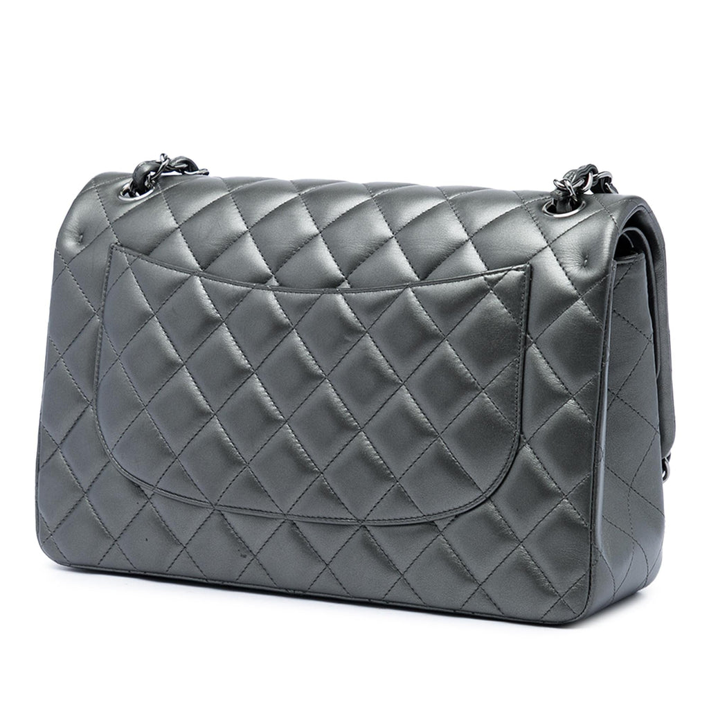 Chanel Jumbo Classic Metallic Lambskin Double Flap Shoulder Bag - Grey