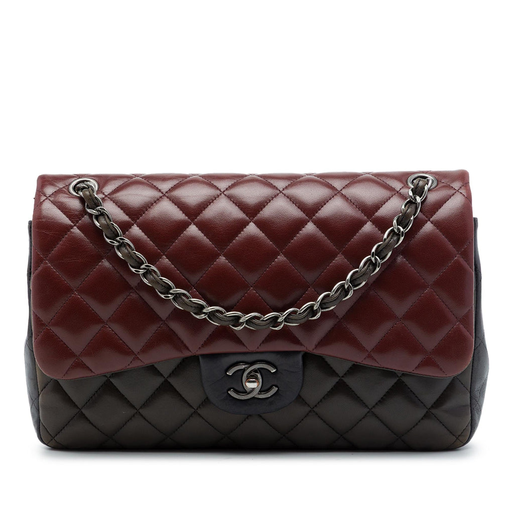 Chanel Jumbo Classic Tricolor Lambskin Double Flap Shoulder Bag - Red