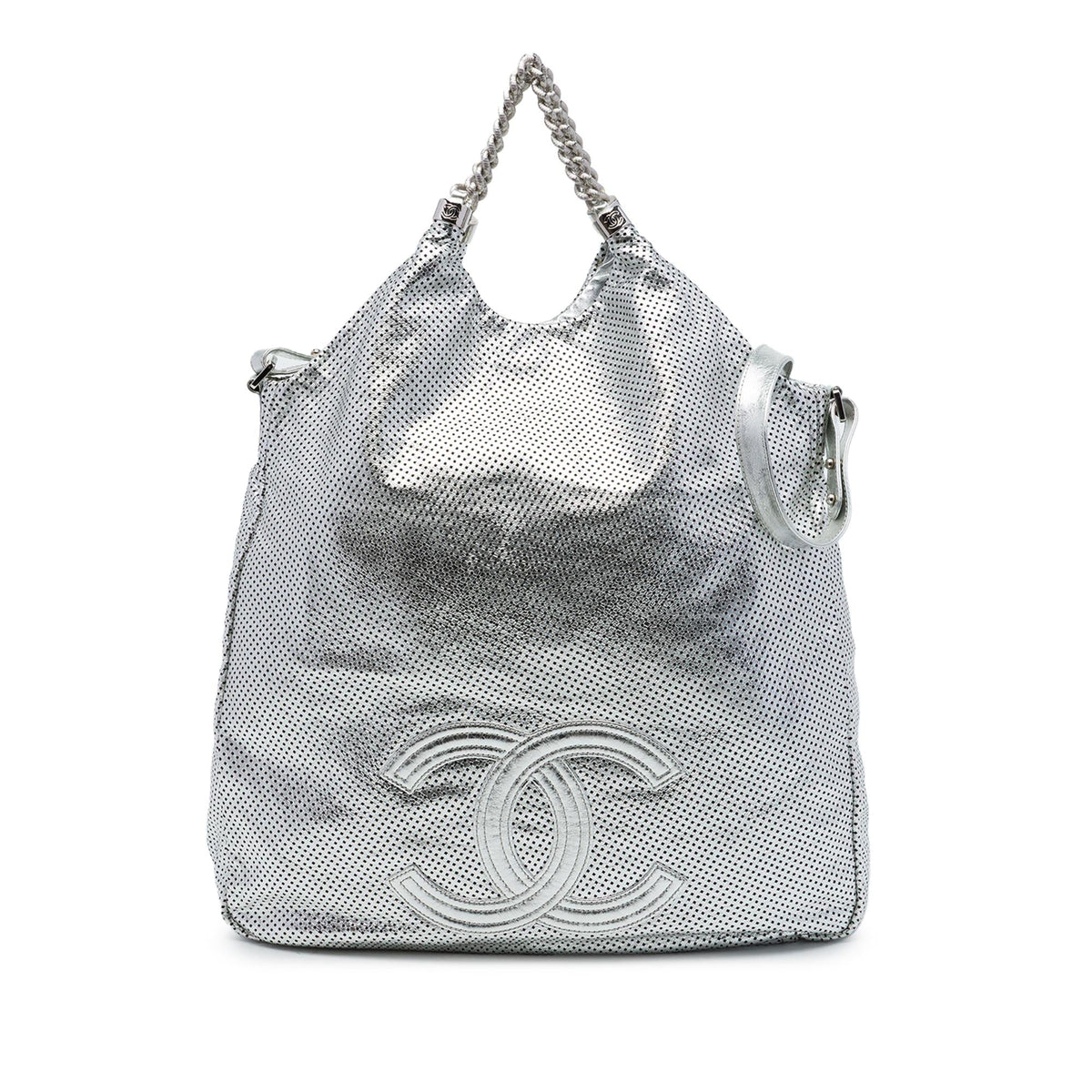 Chanel Large Metallic Glazed Calfskin Perforated Rodeo Drive Satchel - Silver