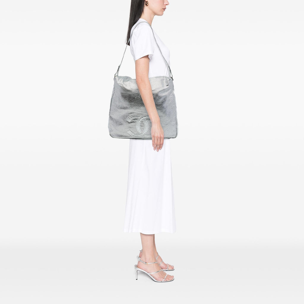 Chanel Large Metallic Glazed Calfskin Perforated Rodeo Drive Satchel - Silver